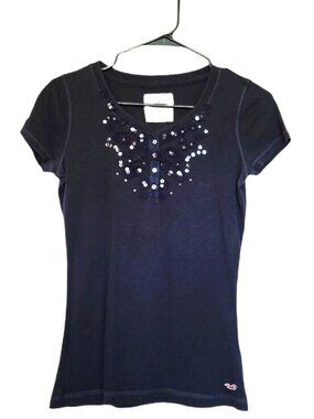 HOLLISTER Womens Navy Blue Sequin Embellished Short Sleeve Top Size Small